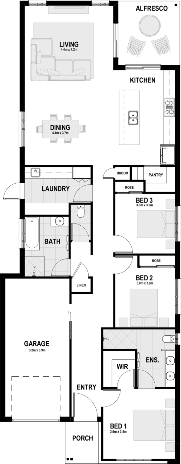 Arlo floor plan: single storey with three bedrooms, two bathrooms and a single garage on a 10m frontage